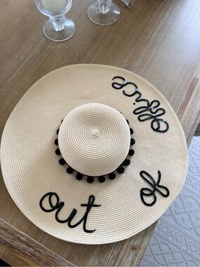 Wide Brim Straw Sun Hat with Black Script and Pom Trim - Cream